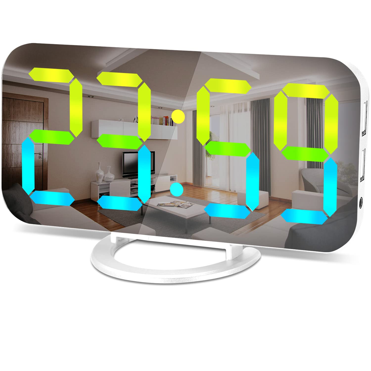 SZELAM Digital Alarm Clock,LED RGB Colorful Clocks,with Mirror Surface Large Display,2 USB Charger Ports,Auto Dimming,Modern Desk Clock for Bedroom Home Office Decor- White