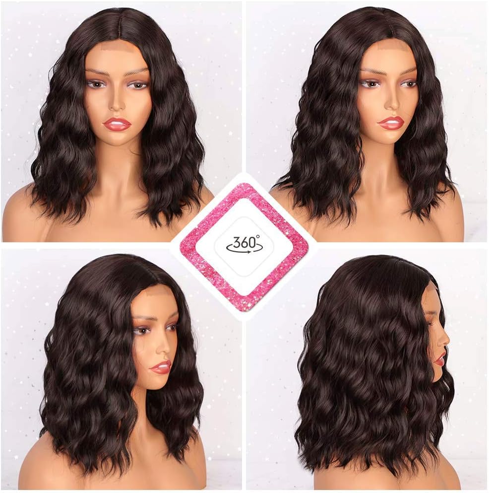 PORSMEER Small Lace Natural Brown Hair Wigs for Women Wavy Synthetic Bob Wig Shoulder Length Middle Parting Wig Natural Looking Wigs for Daily Party Use 14” - Image 3