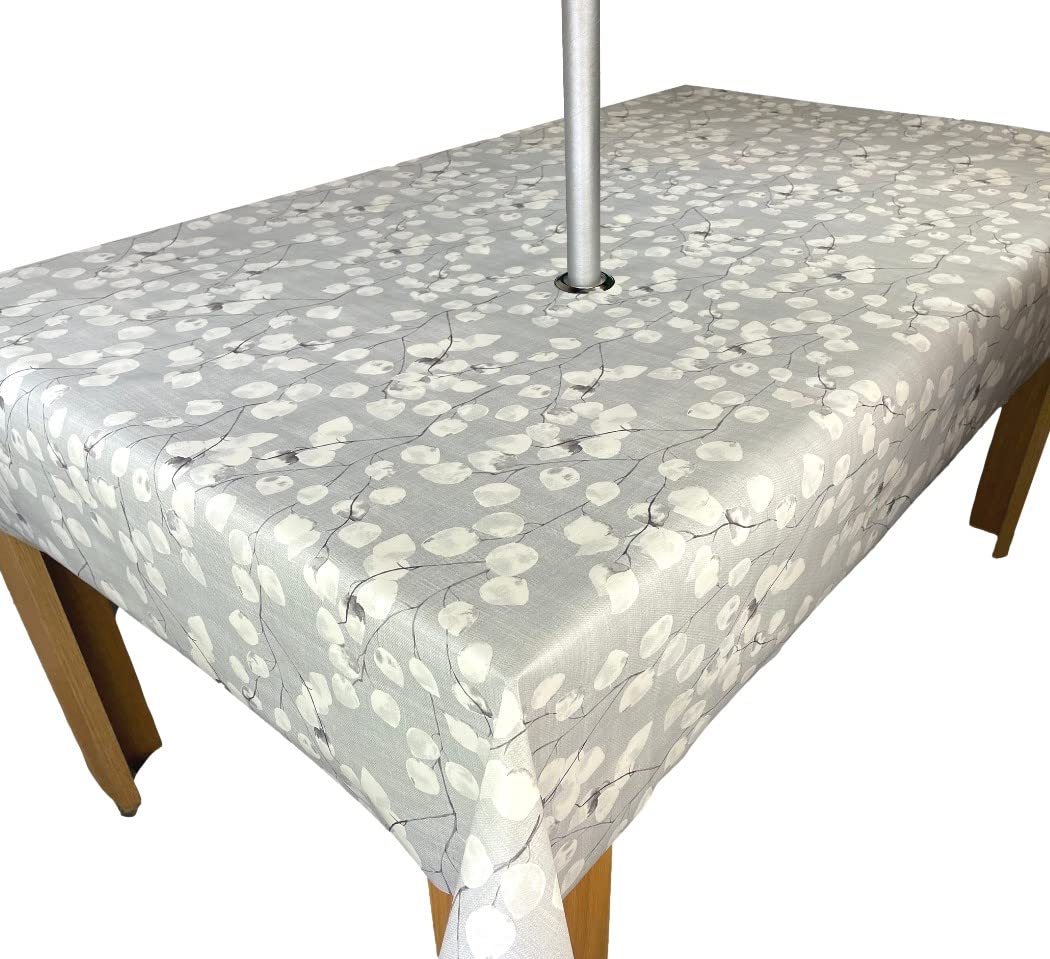 Karina Home Outdoor Garden Tablecloth with Parasol Umbrella Hole Grey Floral Leaf Wipe Clean 300cm x 140cm