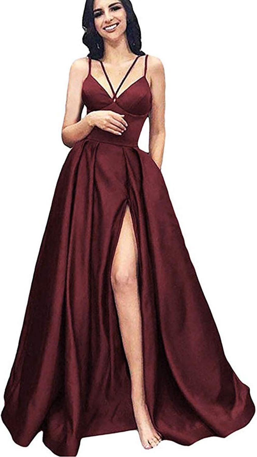 Long Prom Dress with Pockets Satin Plunging V Neck Sheer Insert Backless Evening Gowns E158