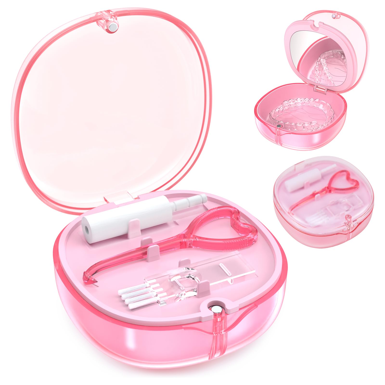 Photo 1 of Pink Aligner and Retainer Case Double-layer Cute Slim Braces Night Mouth Guard Case with Remover Tool, Chew and Cleaning Brush, Built in Mirror Orthodontic Dental Retainer Container