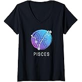 Womens Pisces Zodiac Star Sign Watercolor Horoscope Constellation V-Neck T-Shirt