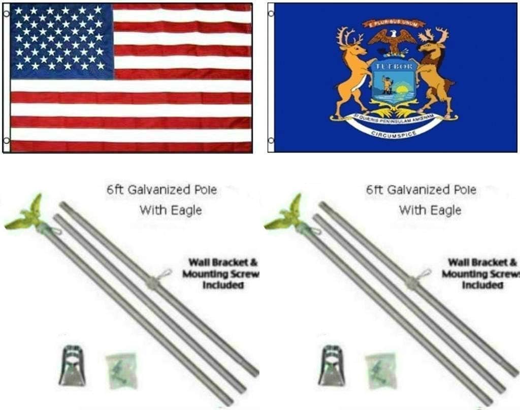 ALBATROS 3 ft x 5 ft USA American with State of Michigan Flag Galvanized Pole Kit Top for Home and Parades, Official Party, All Weather Indoors Outdoors