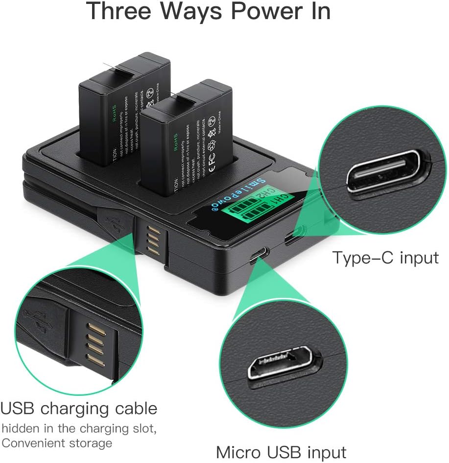 SmilePowo 2PCS Dual Battery, LCD Display USB Charger for GoPro Hero 8 Black，Hero 7 Black, Hero 6 Black, Hero 5 Black, Hero 2018, AHDBT-501, Gopro Accessories，GOPRO Batteries : Electronics