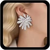 Allereyae Vintage Rhinestone Flower Earrings Large Crystal Floral Earrings Silver Cz Flower Stud Earring Fireworks Stud Earring Wedding Prom Jewelry for Women