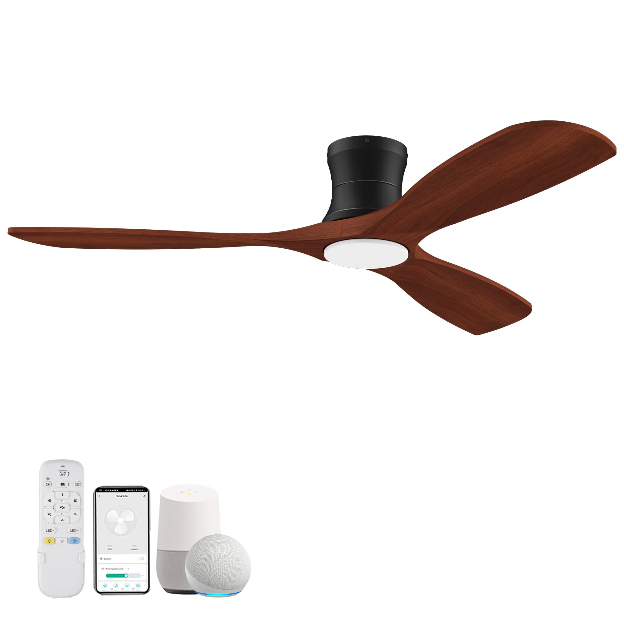 52” Smart Low Profile Ceiling Fans with Lights Remote,3 Wood blade,Quiet DC Motor,Outdoor Indoor Flush Mount Ceiling Fan,Voice Control via WIFI Alexa App,Modern Lighting& Ceiling fan for Bedroom Patio