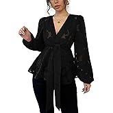Floerns Women's Floral Lace Lantern Sleeve Blouse V Neck Flared Hem Belted Peplum Tops