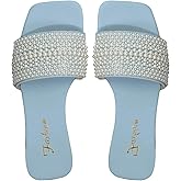 OYOANGLE Women's Pearl Decor Square Toe Sandals Leather Open Toe Flat Slip On Slides