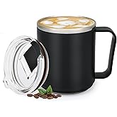 VOBAGA 15oz Stainless Steel Coffee Mug with Flat bottom and Handle, Work with Coffee Warmer for Rapid Heating Coffee, Tea and Milk Office Desk Accessories Black