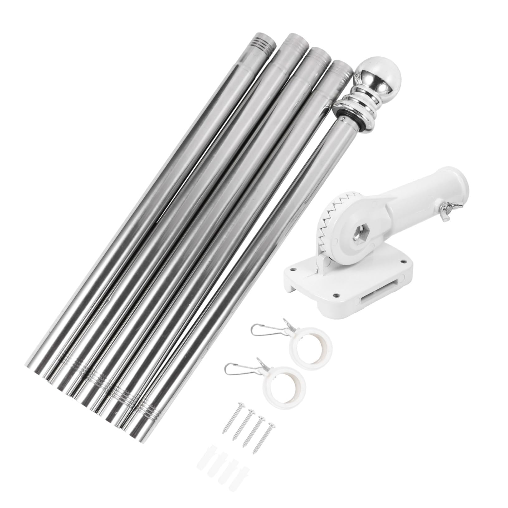 YARNOW 1.9m Alloy Wall Mounted Flag Pole Kit with Adjustable Bracket, 5 Spliced Silver Poles, 2 Rotating Rings, and Screws for Garden, Porch, and Fence