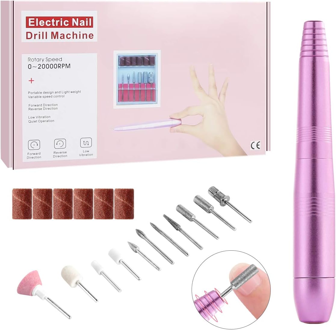 Electric Nail File, 11 in 1 Electric Nail Drill Machine USB Pen Type Nail File Machine for Acrylic Nails Electric Manicure Kit for Nail Polishing Home Salon Use (Purple)