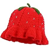 Hshsclth Strawberry Crochet Bucket Hat for Women Slouchy Knit Strawberry Hat with Ruffles Brim Cute Fruit Crochet Hat