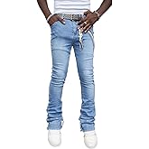 Zeavitt Men's Stretch Slim Fit Stacked Jeans Raw Hem Flare Bootcut Denim Pants Straight Leg Skinny Jeans Hip Hop Streetwear