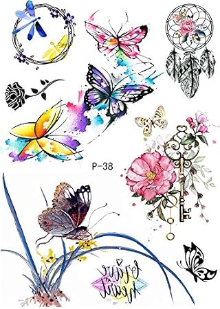 Tattoo Eau Couleurs Fleurs Attrape Rêves Papillon Faux