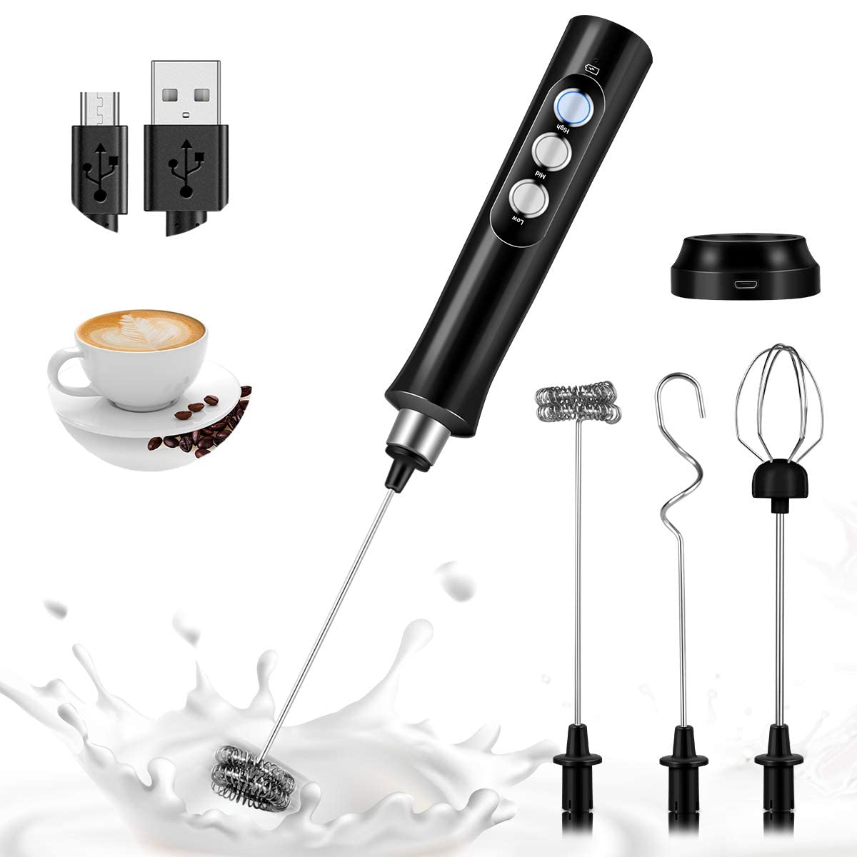 Photo 1 of Milk Frother Handheld, Bauihr USB Rechargeable Electric Foam Maker with 3 Heads, 3 Adjustable Speeds Mini Milk Foamer for Latte, Cappuccino, Coffee, Hot Chocolate, Matcha