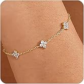 Gold Bracelets for Women,14K Dainty Gold Plated Bracelets Non Tarnish Waterproof Diamond Bracelets Heart Flower Round Square CZ Charm Bracelet Trendy Stuff Jewelry Gifts for Her