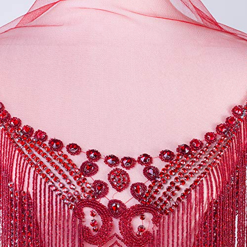 Waterfall Dangling Bodice Applique, FAGNZHIDI Red Handmade Large Bridal Rhinestone Patch for Sewing on Wedding Dress, Evening Prom, Gouture Gown. Best for Photograph Shot, Performance, Designer