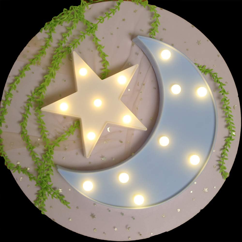 GUOCHENG Lovely Moon&Star Night Light Set Battery Operated LED Star Marquee Sign Decorative Moon Table Lamps for Baby Children Bedroom Nursery Christmas Birthday Gifts(Blue Moon&White Star) - Image 4