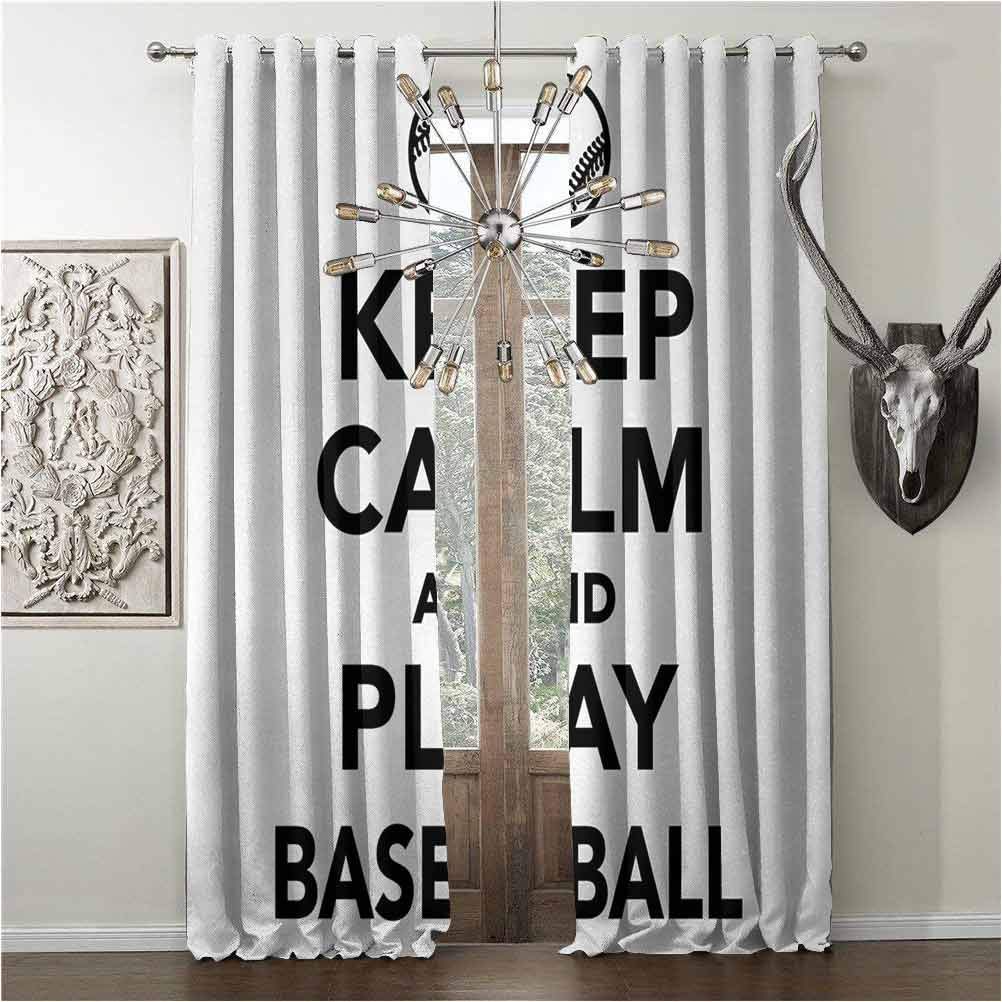hengshu Heat-Insulation Curtains, Keep Calm, Curtain for Living Room Play Baseball Phrase Sports Theme with The Ball Figure Monochrome Pictogram, W84 x L108 Inch Black White, Grommets Drapery
