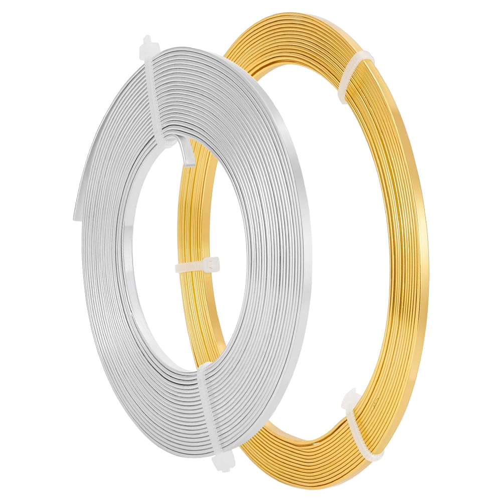 BENECREAT 2 Rolls 32 Feet Gold Sliver Flat Jewelry Craft Wire 18 Gauge Aluminum Wire 3mm Wide for Bezel Jewelry Making, Sculpting, Armature Craft