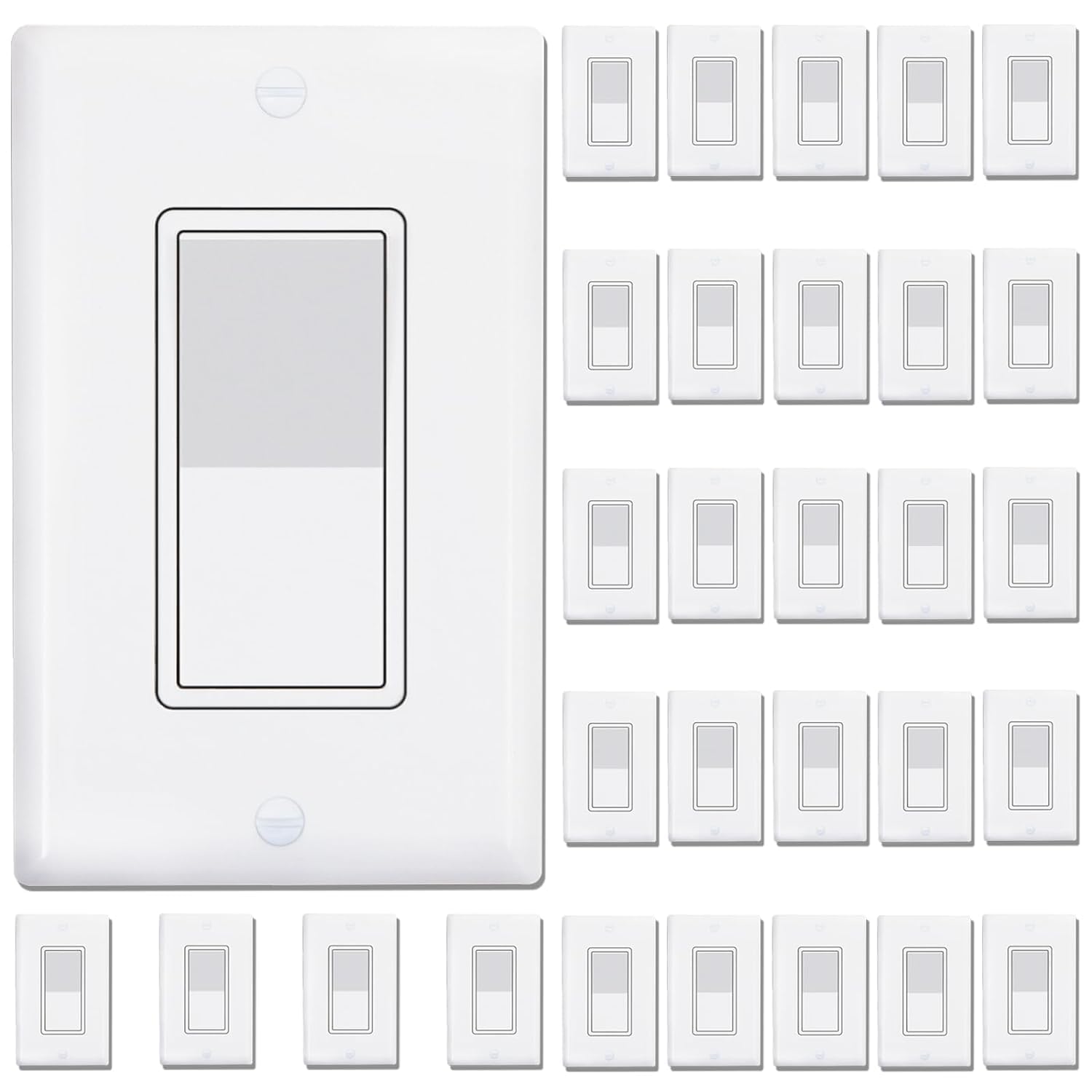 ThunderWay 3 Way Decorator Light Switch with Wall Plates, 15A 120/277V Decora Three Way Electrical Wall Paddle Rocker Switches Replacement, Residential Grade, UL Listed, Glossy White(30 Pack) Image