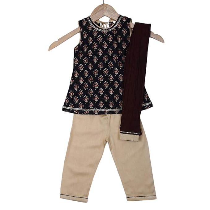 SUTI ATTIRESS By Hopscotch Girls Cotton Printed Kurta With Pants And Dupatta Set in Black Color