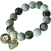 Heavens Tvcz Thai Jade Bracelet 13.20mm – Natural Green Striped Round Beads | Stretch Healing Energy Bangle with Love Heart/Coin Charm | Lucky Feng Shui Protection Gift for Women