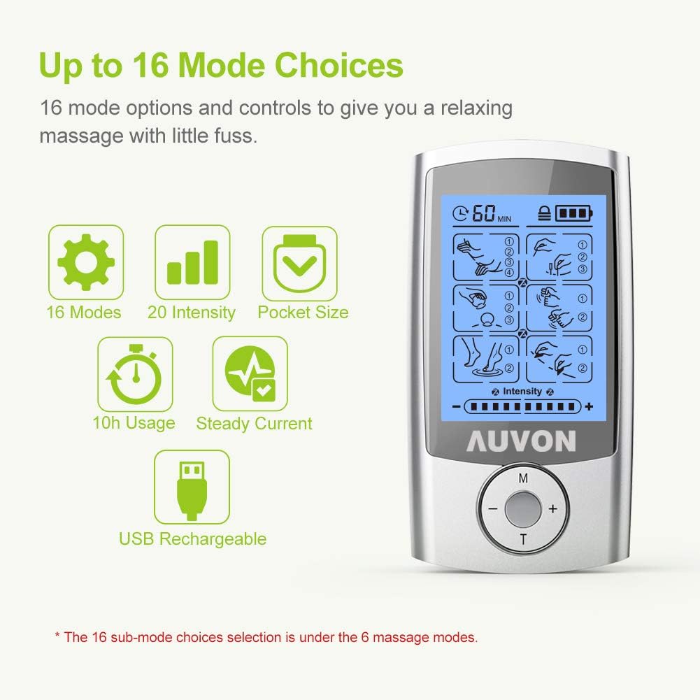 AUVON Rechargeable TENS Unit Muscle Stimulator, 3rd Gen 16 Modes TENS Machine with 8pcs 2"x2" Premium Electrode Pads (American Gel) for Pain Relief: Health & Personal Care