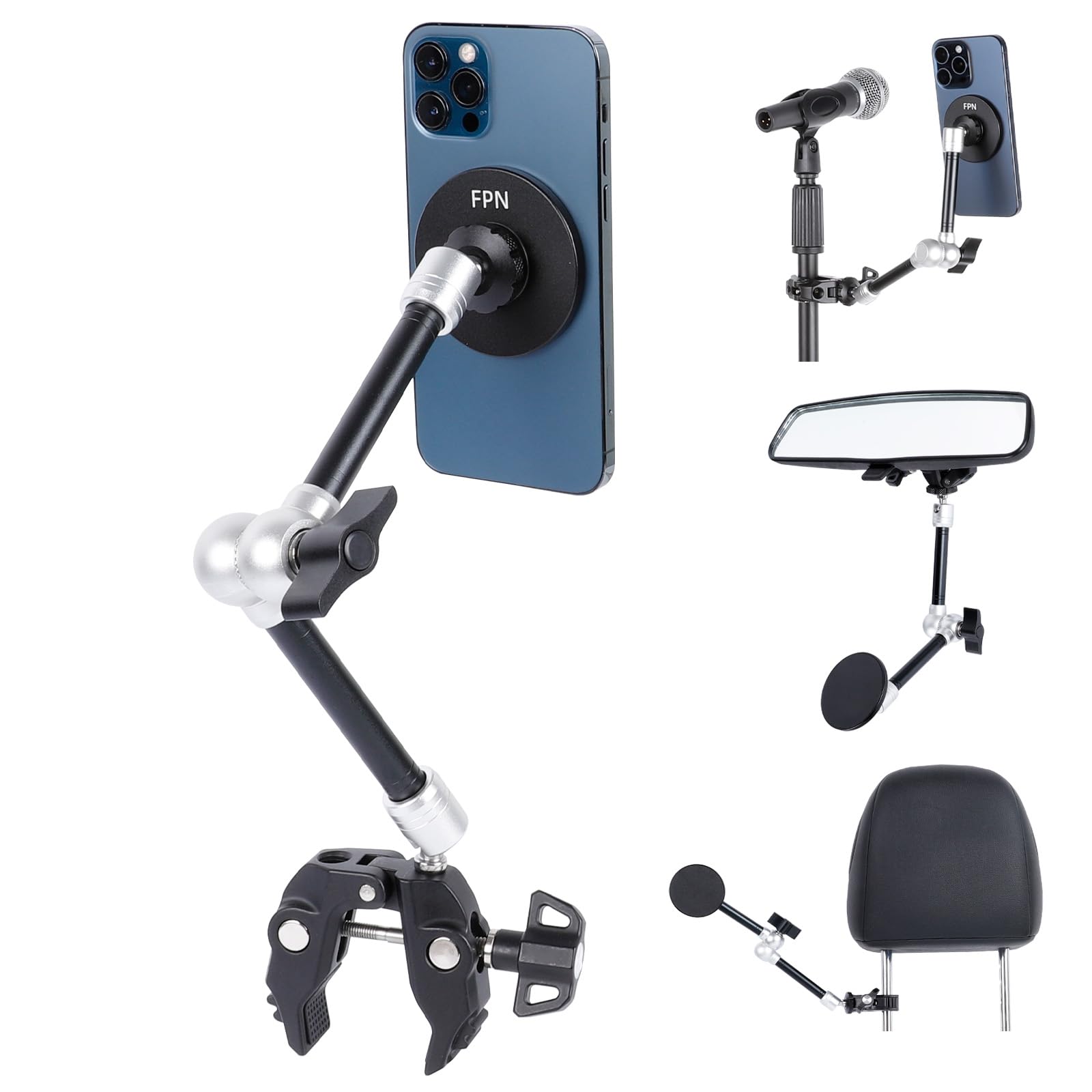 FPN All-Metal Magnetic Phone Holder with Super Clamp&10″ Long Arm for Magsafe, Adjustable Rear View Mirror Phone Holder Mount for Car/Truck/Handlebar, Compatible with iPhone 16 15 14 13 12 Series