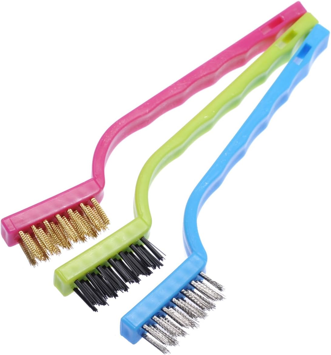 UNIS 3 Plastic Handle Mini Wire Brushes. Brass Brush, Stainless Brush and Nylon Brush.