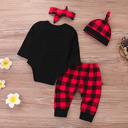 FEITONG Baby Girls Long Sleeve Letter Top + Plaid Pants + Hat + Headband 4 Piece Set(6-12M,Black)