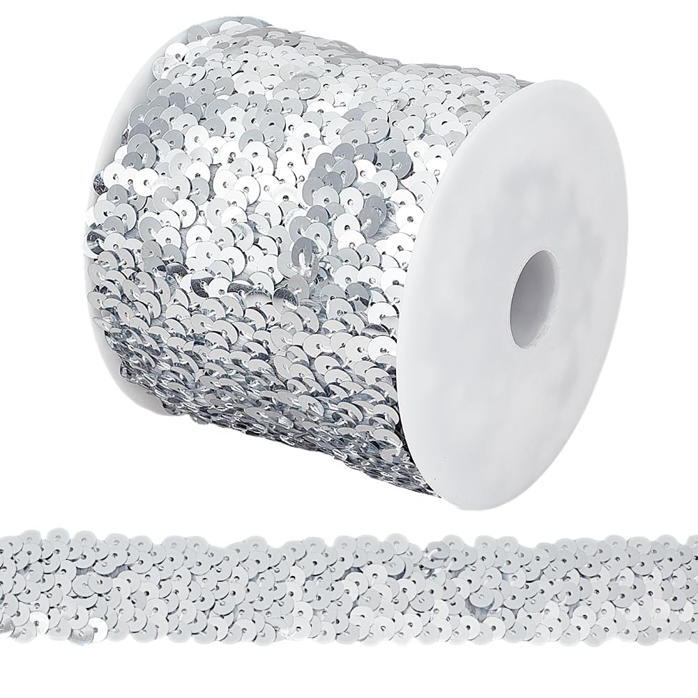 OLYCRAFT 10M Silver Elastic Sequin Trim 25mm Wide Metallic Stretch Sequin Trim 3-Row Sparkly Decorative Edge Stretch Sparkly Fabric Trim for Dress Costumes Embellish and Headband