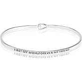 SM Inspirational Positive Message Engraved Thin Cuff Bangle Bracelets for Women (First My Mom,Forever My Friend - Silver)