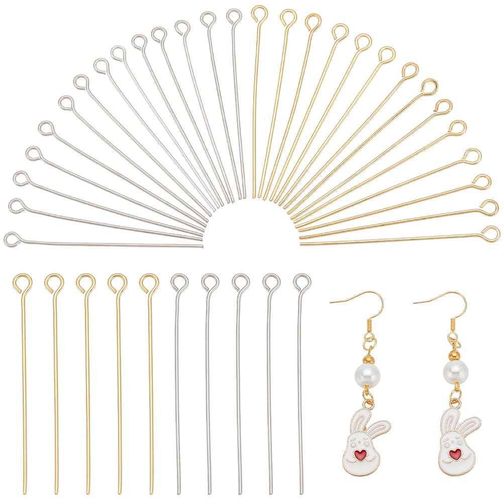PH PandaHall About 160pcs Silver and Golden Color 40mm Long 304 Stainless Steel Eye Pin for Jewellery Making, Hole: 2mm