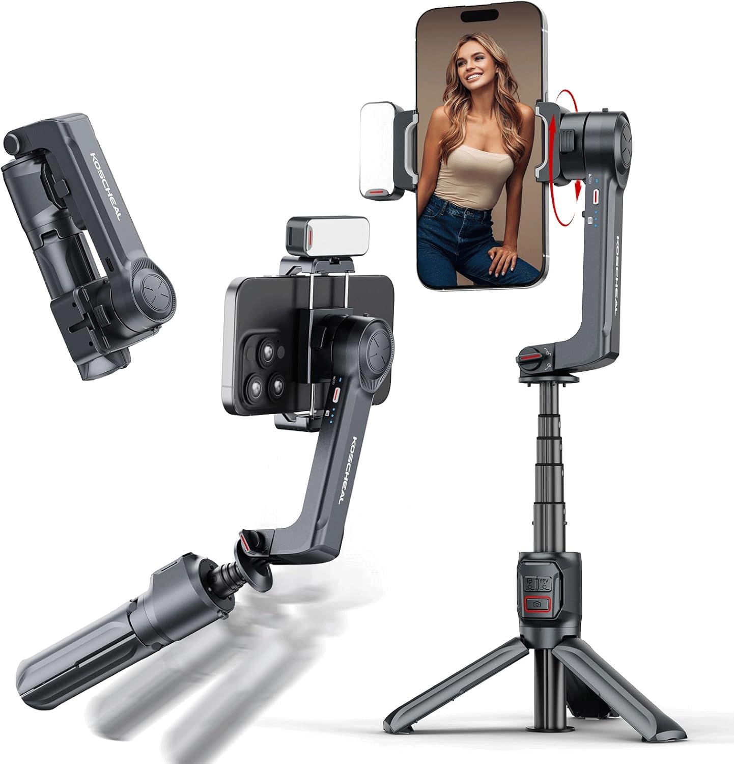 KOSCHEAL Gimbal Stabilizer for Smartphone, Foldable and Portable Phone Gimbal with Fill Light&Wireless Remote, Phone Stabilizer for iPhone & Android, Support 360°of Vertical&Horizontal Rotation