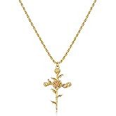 LADYGD Cross Necklace for Women 14K Gold Plated Birth Flower Necklaces Rope Cross Pendant Fashion Gold Jewelry Birthday Gifts 12 Month
