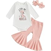 Nibbcoa Baby Girl Cowgirl Outfit Letters Print Long Sleeve Romper Bell Bottom Pants with Headband Newborn Infant Western Set