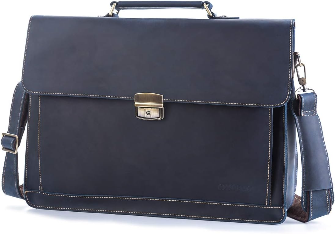 15.6" Mens Vintage Briefcase Crazy Horse Leather Laptop Bag (Blue)