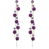 SLSF Elegant Chic Long Shine Tassel Chain Red Purple Rose Flower Dangle Drop Stud Earrings with White Sparkly Crystal for Women Statement Jewelry Gifts