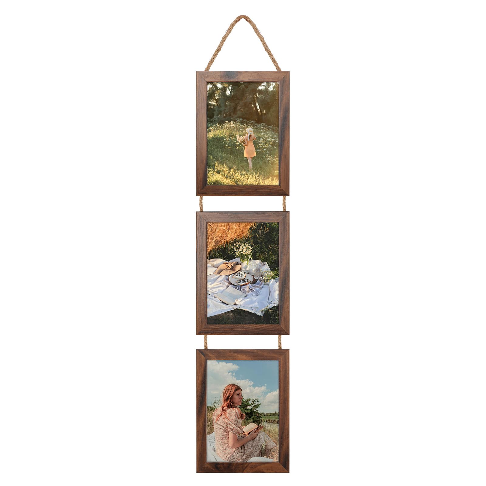 Photo 1 of Lavezee 5x7 Picture Frames Collage Walnut Brown, 3 Opening 5 x 7 Hanging Picture Frames Vertical for 5 by 7 Inch Photos for Wall Decor