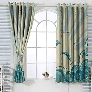 Cortina de poliéster con diseño de delfines náuticos con sol naciente y