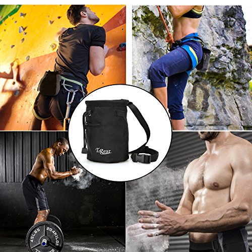 Togear Chalk Bag for Rock Climbing, Weightlifting, Bouldering & Gymnastics Workout Accessories, Quick-clip Belt with Two Aluminium Carabiner Key Chain Clip Hooks (Black-1)