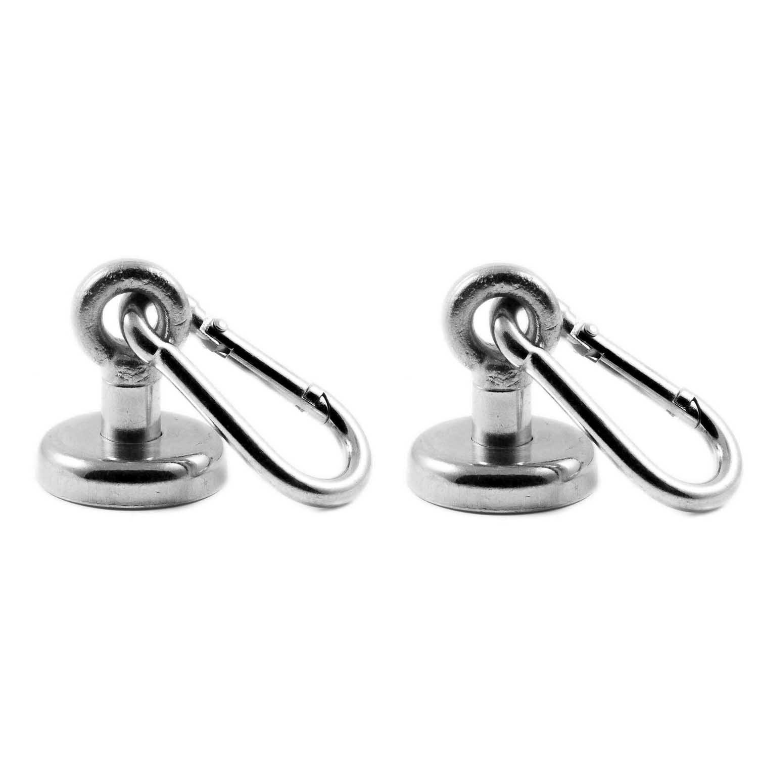 Magnetastico® | 2X Neodymium Eyebolt-Carabiner Magnets N35 32 mm Ø | Holding Force 34 kg | Strong & Powerful Neodymium Pot Magnets snap Hook with Eye, Loop & galvanised | Magnetic karabiner eyebolts