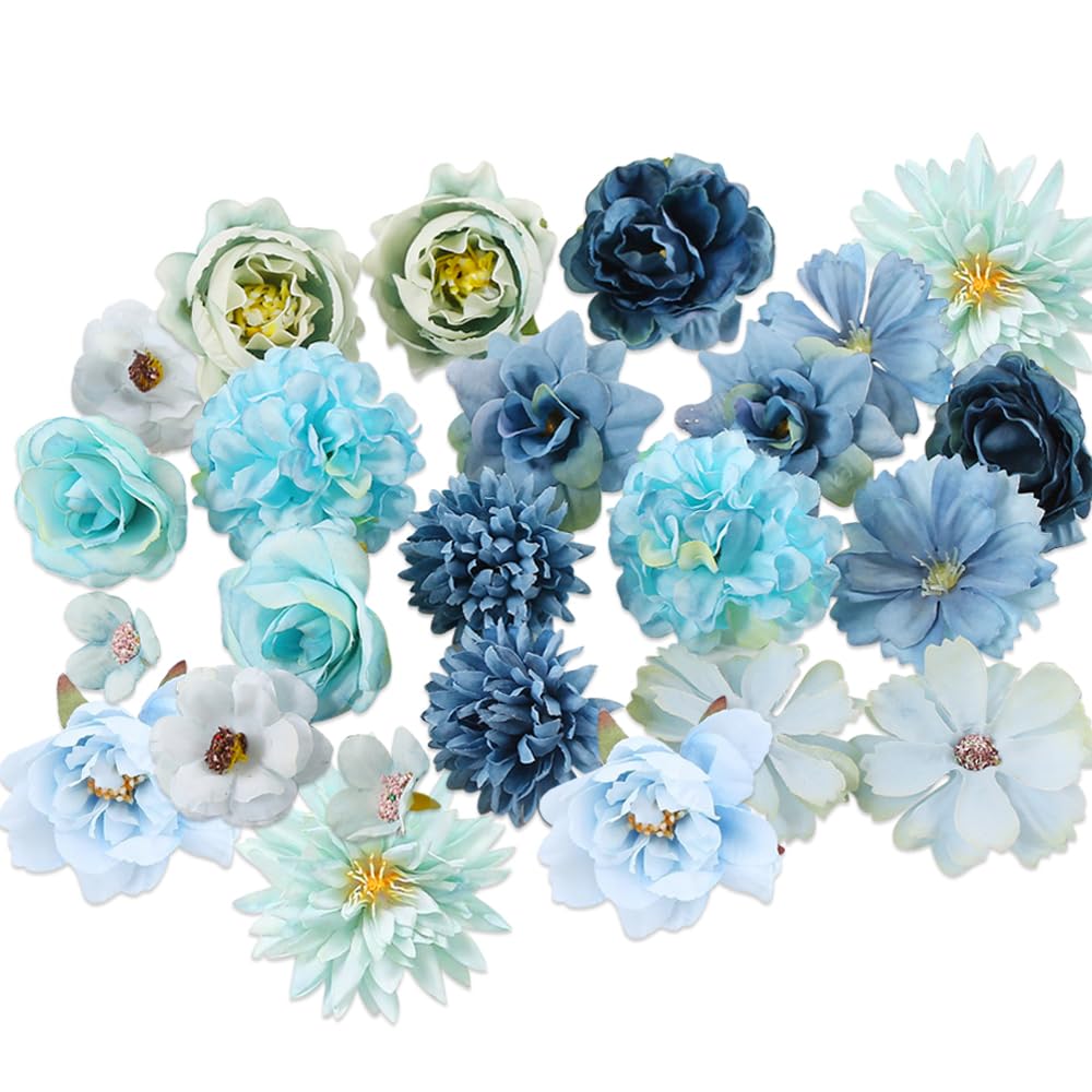 Taasmoog 24 Pcs Artificial Flowers Combo Box Set, Blue Artificial Flowers Fake Flowers Realistic Fake Plant for DIY Wedding Party Hair Accessory Scrapbooking Home Decor