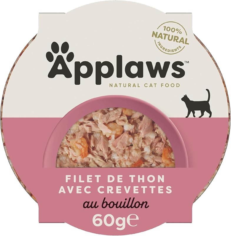 Comida húmeda Natural para Gatos en tarros, Filete de atún con gambas en Caldo, 10 x 60 g