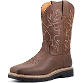 SUREWAY Mens Western Square Toe Cowboy Boots for Men,Soft/Steel Toe Full Grain Leather Slip On Pull On Work Boots for Construction Farming,Steel Toe Brown,Size 5.5