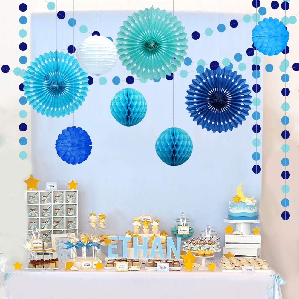 Decor365 10pcs Under The Sea Theme Blue Party Decorations Kit Boy Birthday Circle Banner Garlands Bunting Paper Fan Flower Pom Poms Decoration/Event Celebration Hanging Decor for Baby Shower/Wedding - Image 3