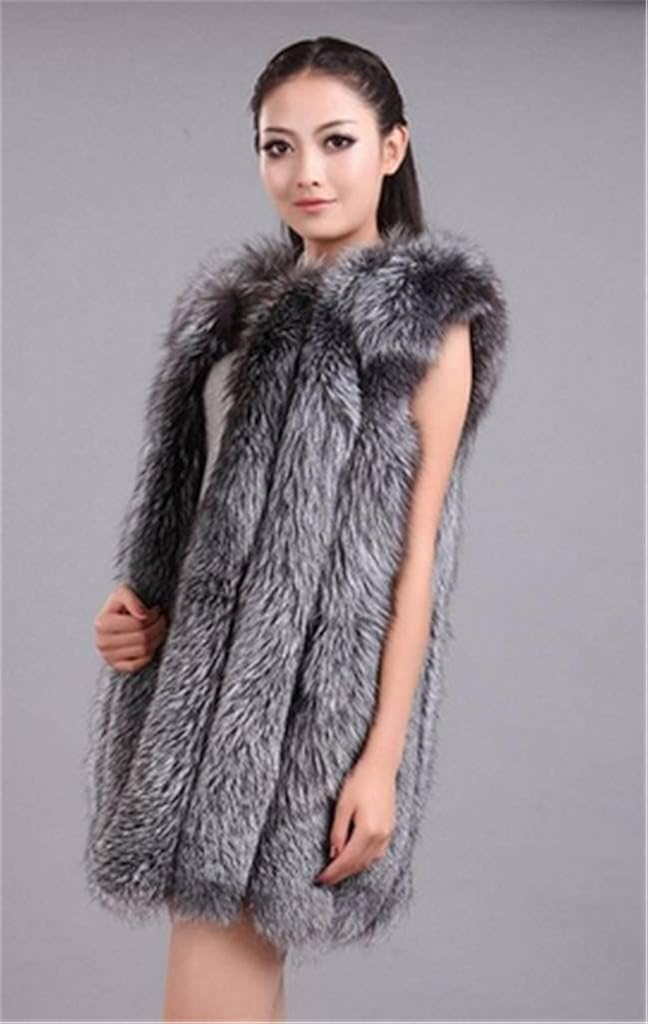YR Lover Women's Vertical Texture Whole Skin Silver Fox Fur Vest Waistcoat at  Women's Coats Shop