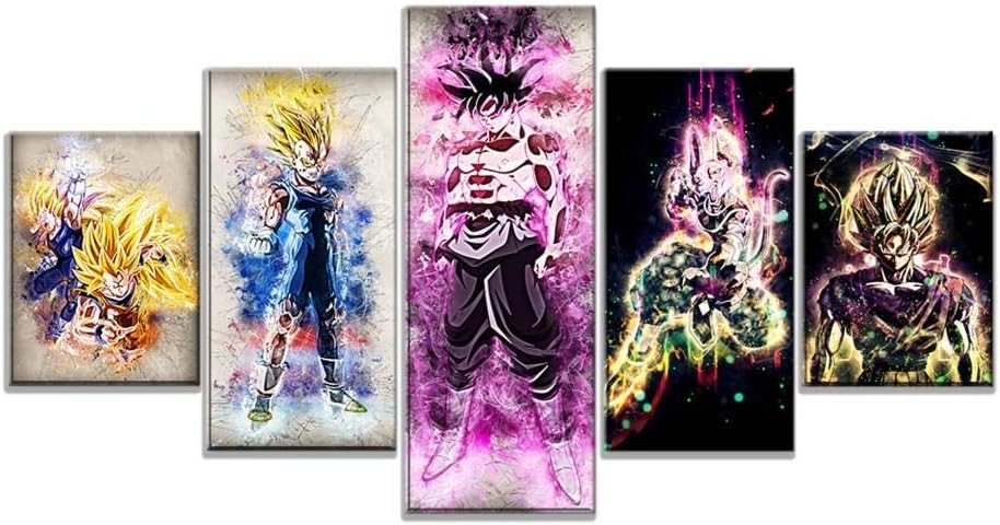 XYZNB Prints on Canvas 5 Piece Dragon Ball Z Goku Vegeta Silhouette Poster Abstract Cartoon Picture Artwork Canvas Paintings Wall Decor (Size 3) No Frame
