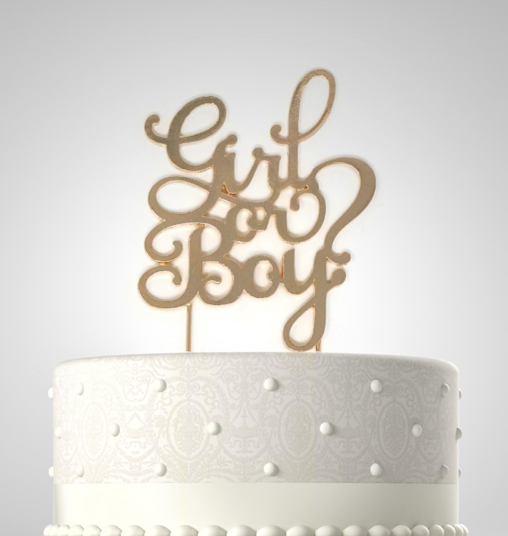 Rubies & Ribbons Girl or Boy Gold Metal Baby Shower Cake Topper Party Decoration with Gift Box